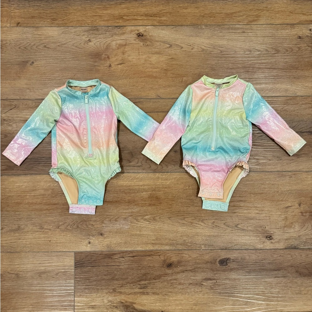 Twin Girl Long Sleeve One-Piece Swimsuit in Pastel Rainbow 6-12 Month